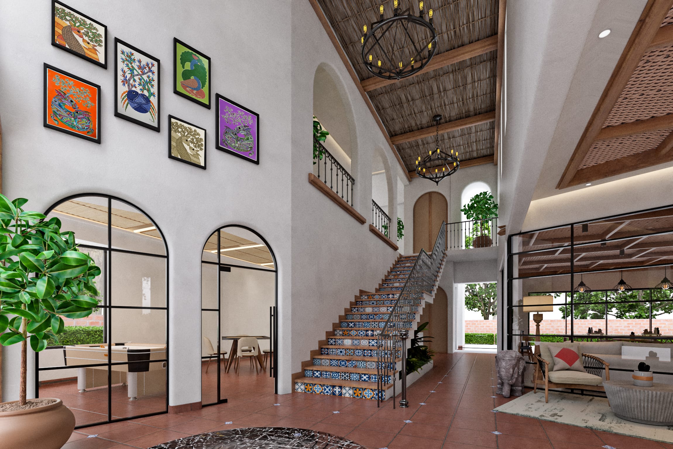 Balinese-inspired resort lounge featuring custom rattan armchairs with white linens, teak accent tables, and lush indoor palm planters set against a textured beige plaster wall.