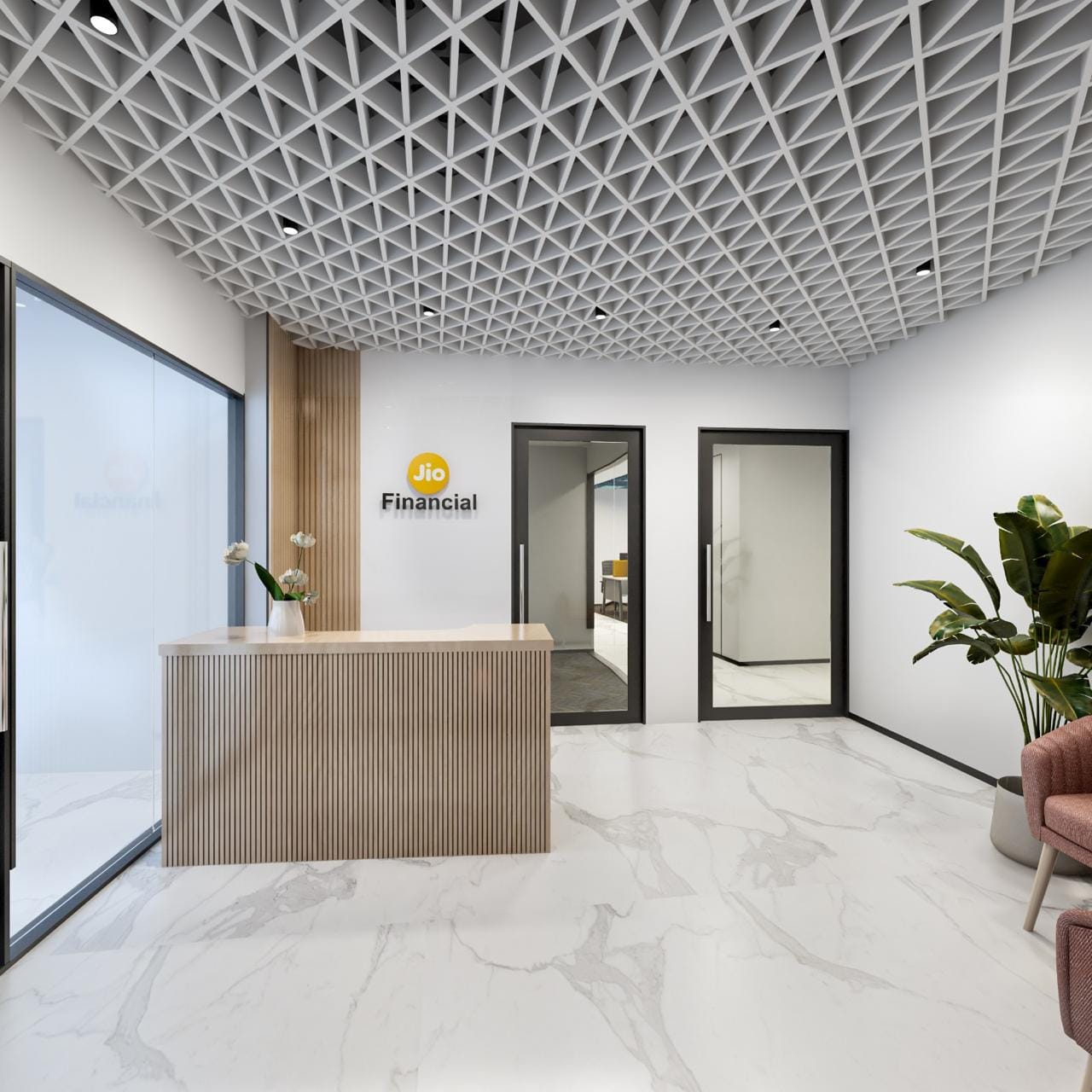 An expansive corporate elevator lobby and reception area, featuring pristine polished white marble walls and flooring with subtle veining. The space transitions into a modern reception desk in high-gloss white, flanked by a plush deep blue velvet armchair and a small side table positioned beneath a large window offering city views, all unified under a striking dark gray linear slat ceiling with integrated illumination.