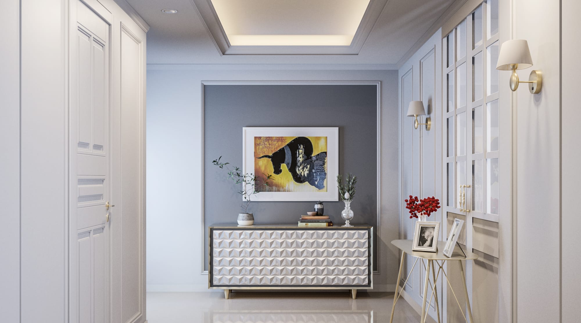Neoclassical guest bedroom featuring soft pastel pink and grey details, custom wall panels, and white shaker wardrobe doors.