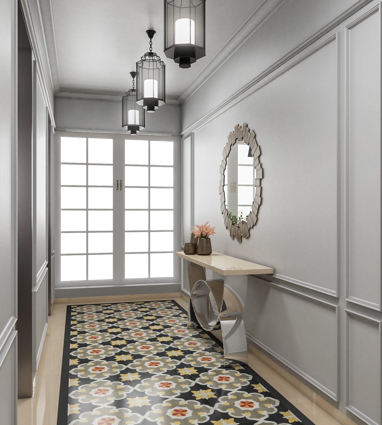 Kitchen showcasing classic white shaker-style cabinets, a white marble backsplash, and solid brass drawer hardware.