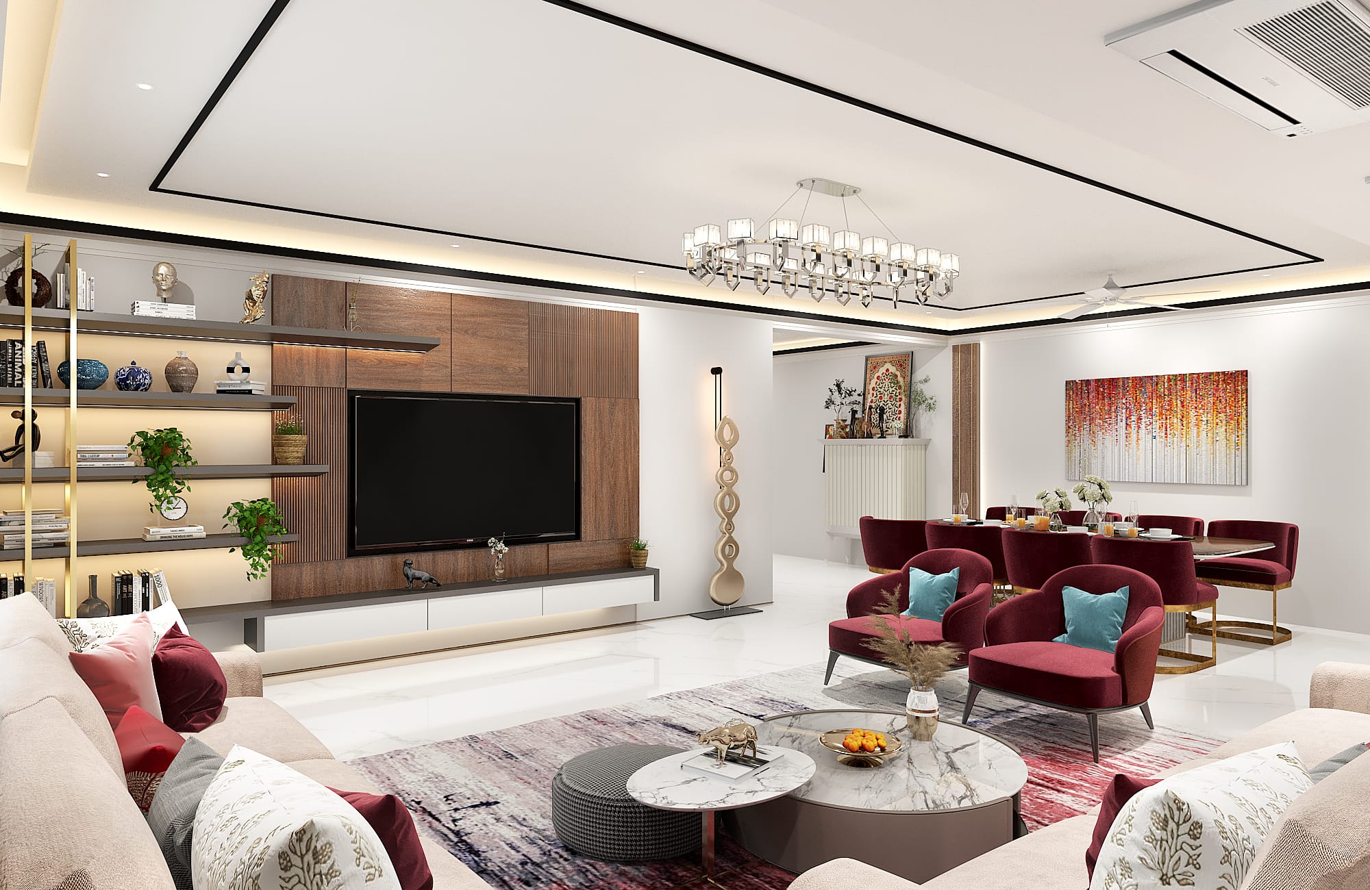 Modern living room displaying a minimalist low TV console, Italian marble floor, and comfortable beige sectional sofa.