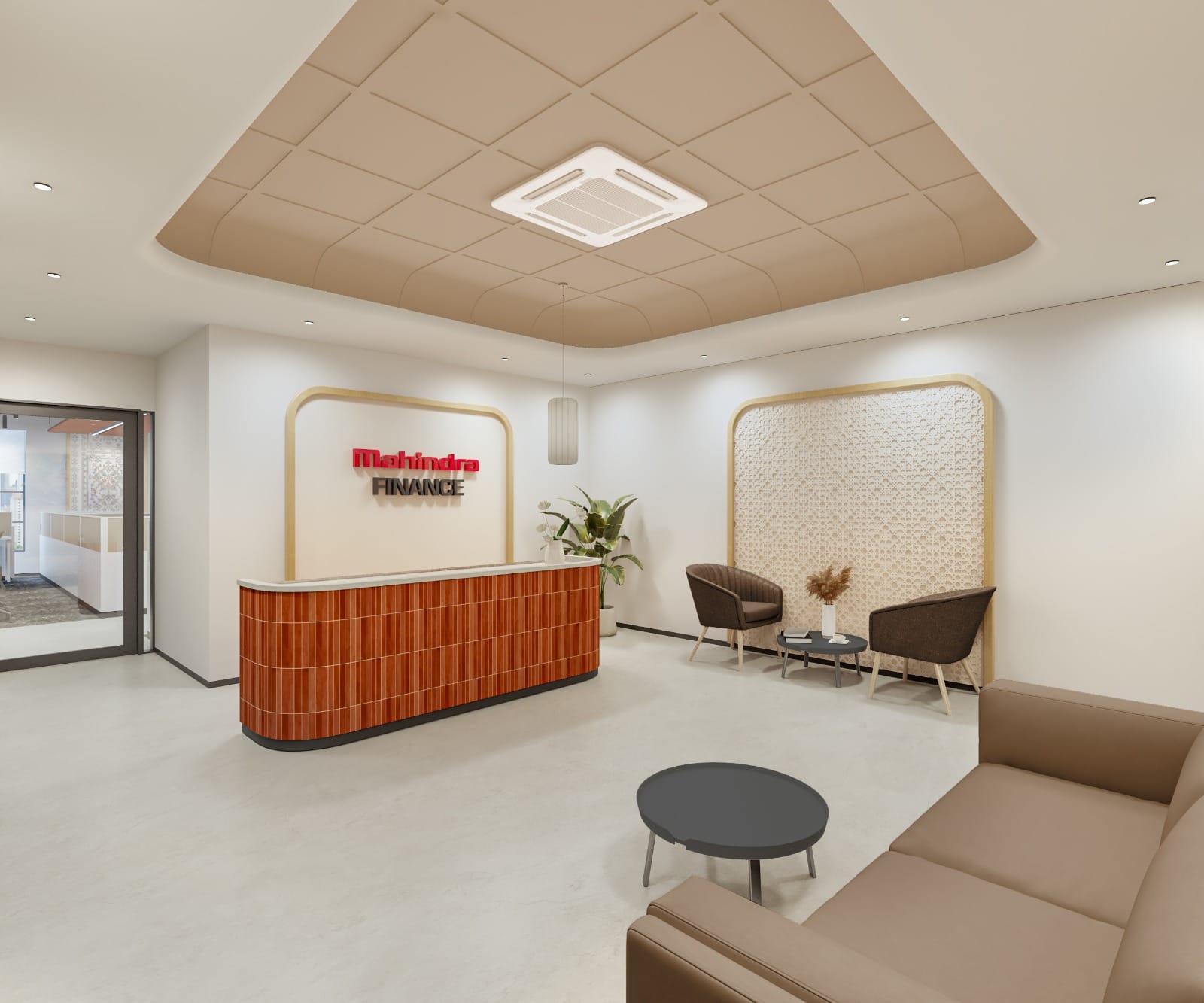 A contemporary corporate reception and waiting lounge features a curved, warm wood-paneled reception desk with a backlit brand logo, complemented by a serene textured wall panel and comfortable seating. Recessed downlights, soft cove lighting, and a minimalist pendant illuminate the inviting space.