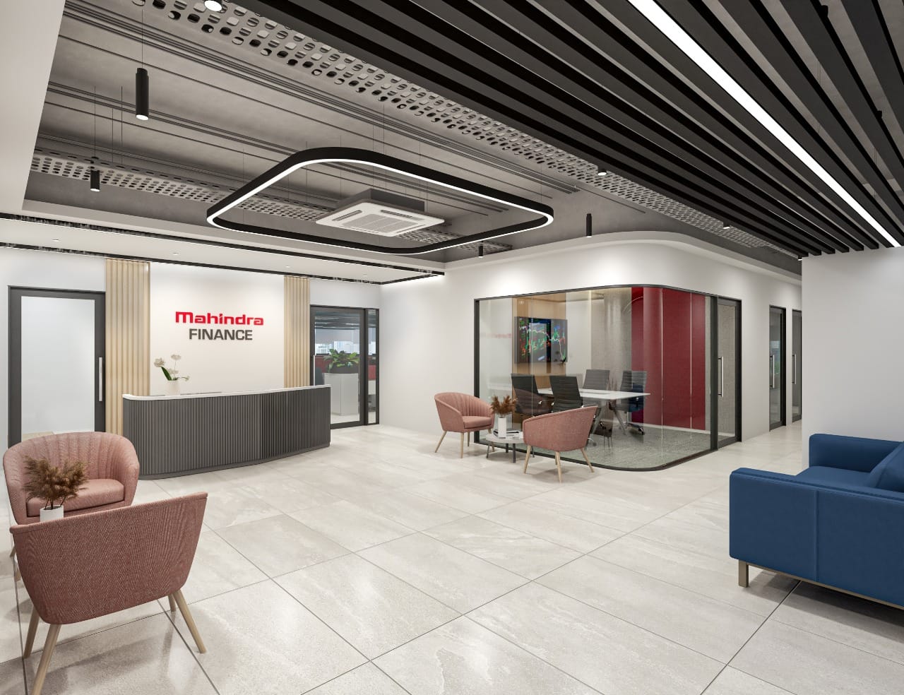A modern corporate reception and lounge area featuring a curved charcoal grey fluted reception desk against a white wall flanked by vertical light wood fluted panels, with the Mahindra Finance logo prominently displayed. To the right, a glass-enclosed meeting room with a striking terracotta red accent wall and a white table is visible, complemented by lounge seating in rose-toned upholstery and a sapphire blue sofa, all beneath a dynamic ceiling incorporating exposed concrete, black linear baffles, and diverse integrated and suspended lighting.