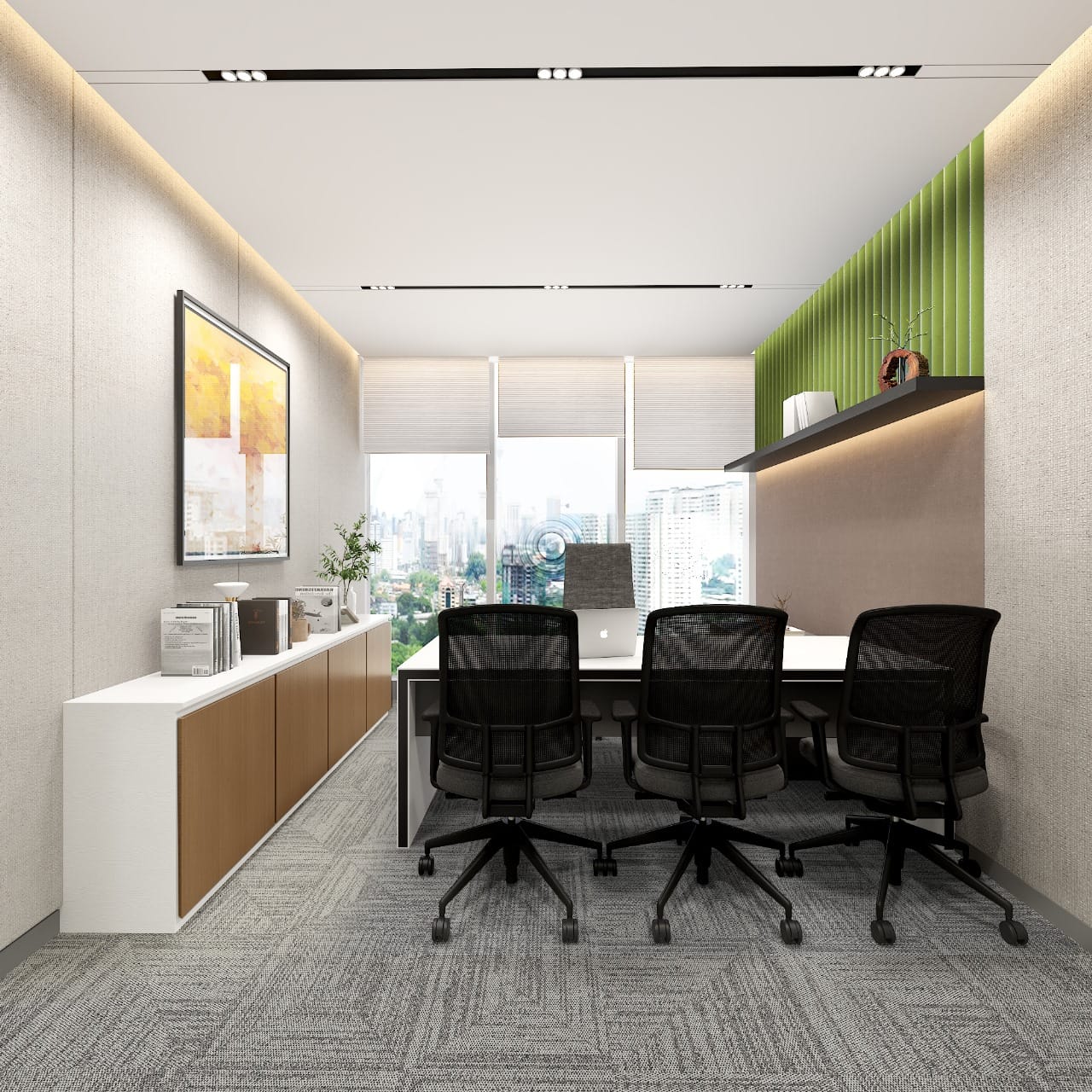 A modern corporate reception area features a grey veined stone reception desk, set against a dark accent wall with vertical warm wood slats and integrated linear backlighting. The space is anchored by a polished white marble floor with dark veining, complemented by an abstract artwork, lush green plants, and a full-height glass partition on the left.